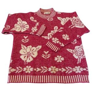 Vintage Glamour Knit Pink Floral Metallic Lurex Mock Neck Sweater Made in USA XL